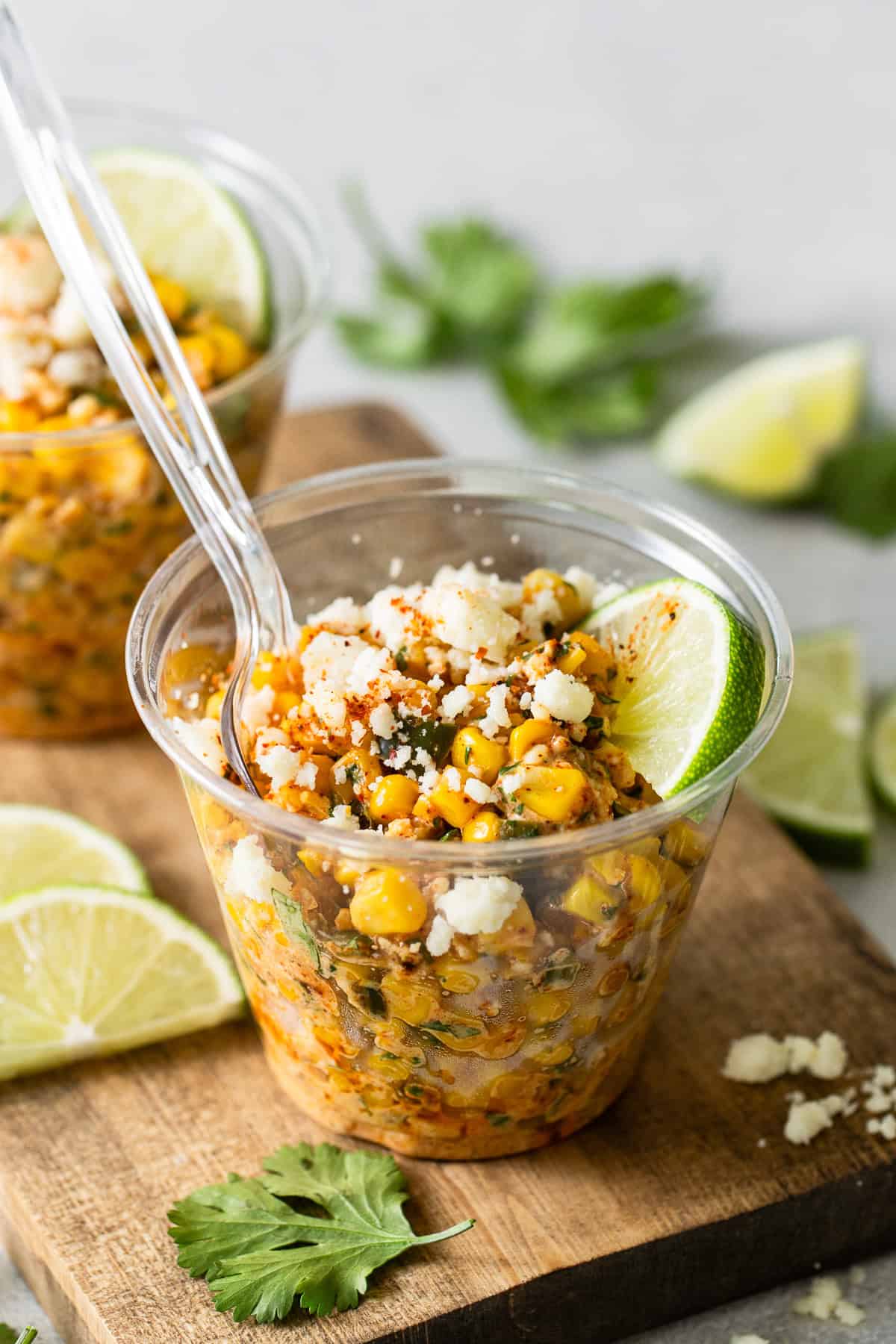 Esquites served and ready to eat in an individual cup