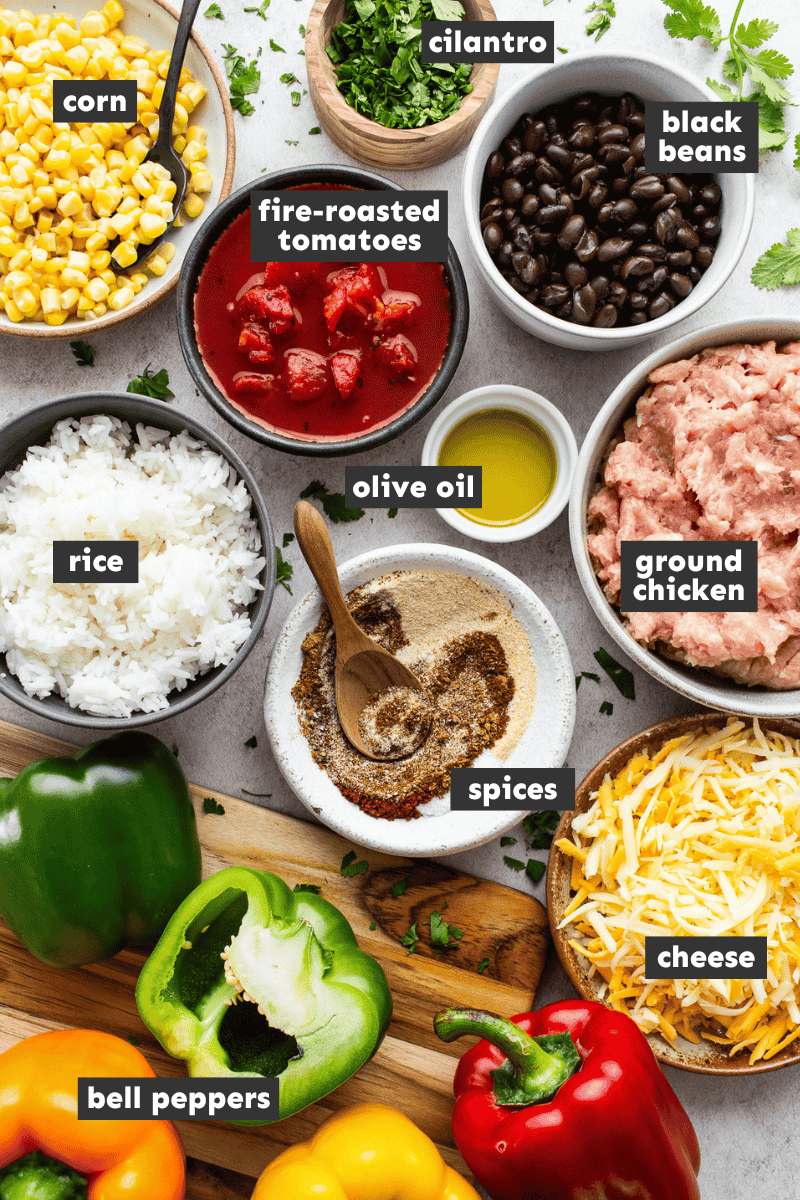 Mexican stuffed pepper ingredients laid out and measured out into separate bowls