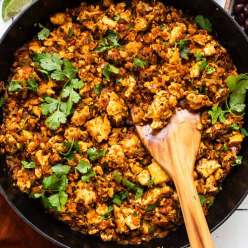 Sofritas in a skillet with a smoky and flavorful sauce.