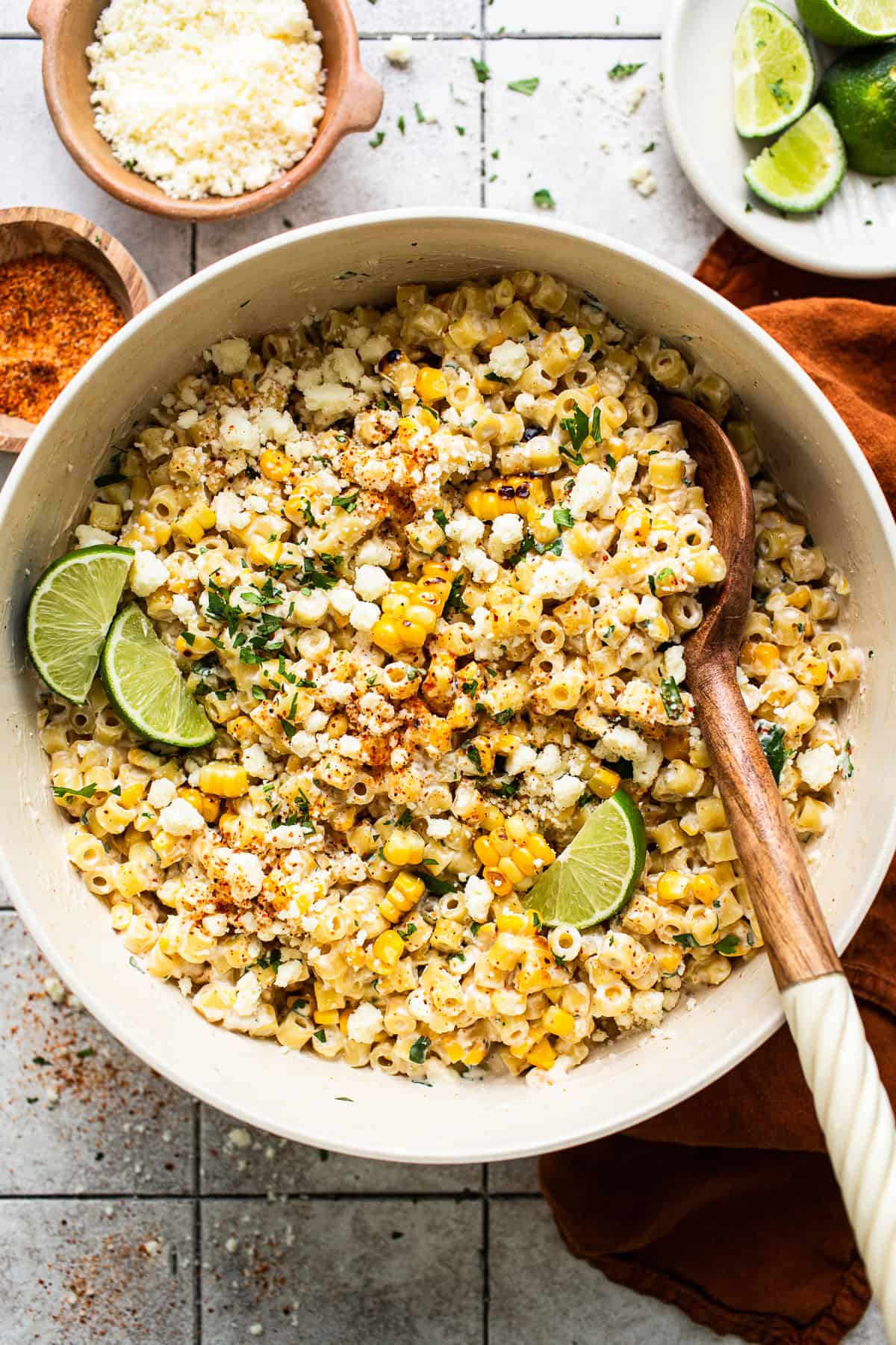 Mexican street corn pasta salad in a bowl ready to serve.