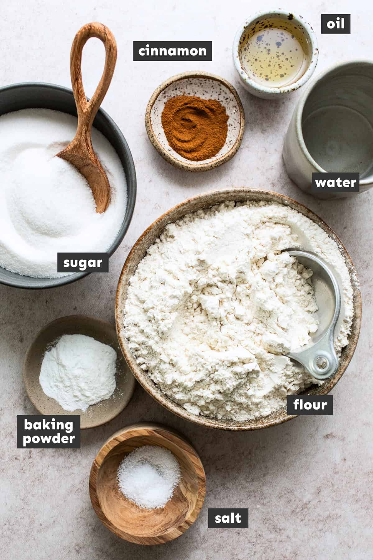 Sopapilla ingredients measured out into individual bowls