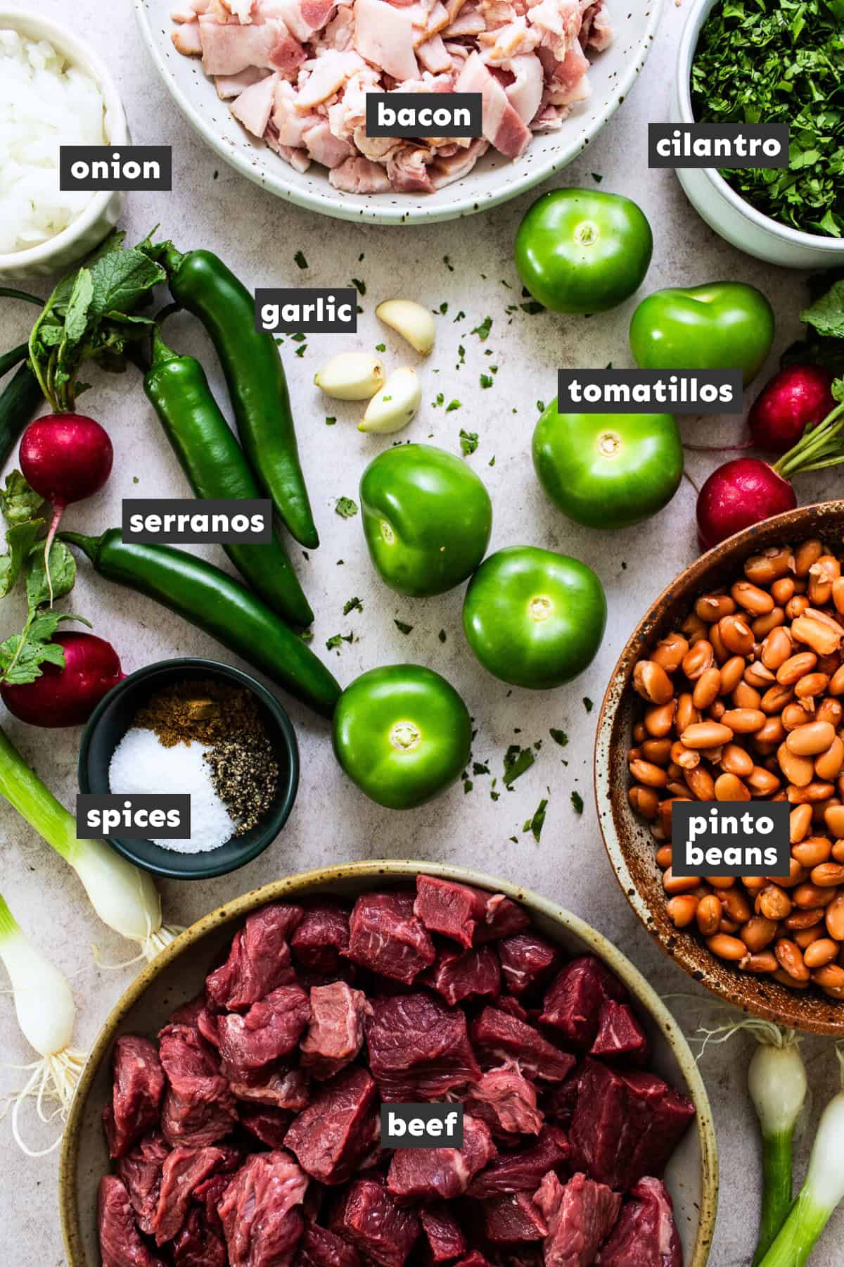 Carne en su jugo ingredients laid out ready to use