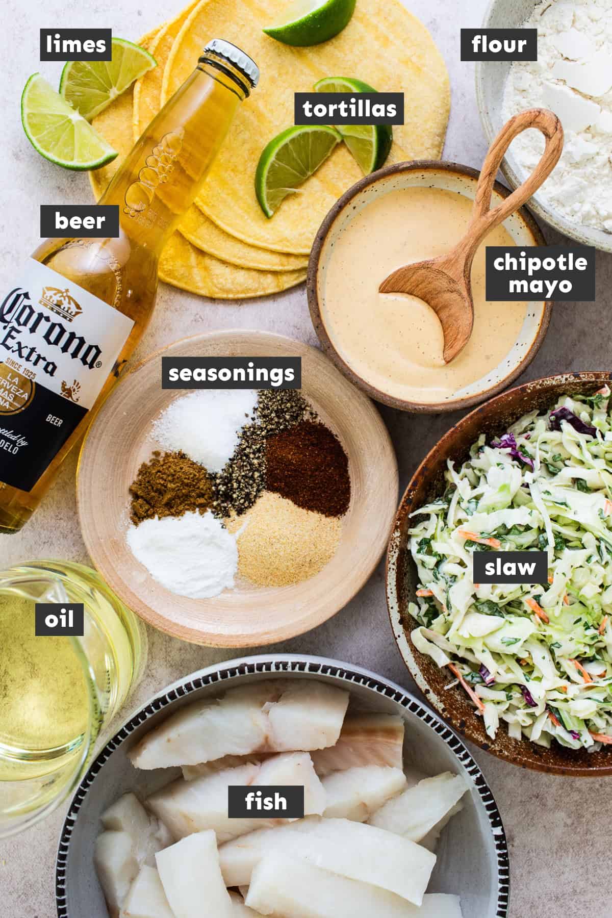 Baja fish taco ingredients on a table.