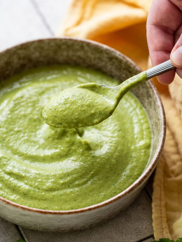 Poblano cream sauce recipe in a bowl.