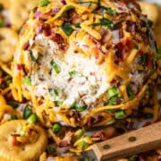 An easy jalapeño cheese ball covered with bacon and cheddar on a plate with crackers.