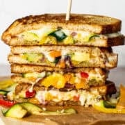 Fajita grilled cheese cut in half and stacked on top of one another.