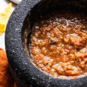 Authentic Mexican molcajete salsa ready to be eaten.
