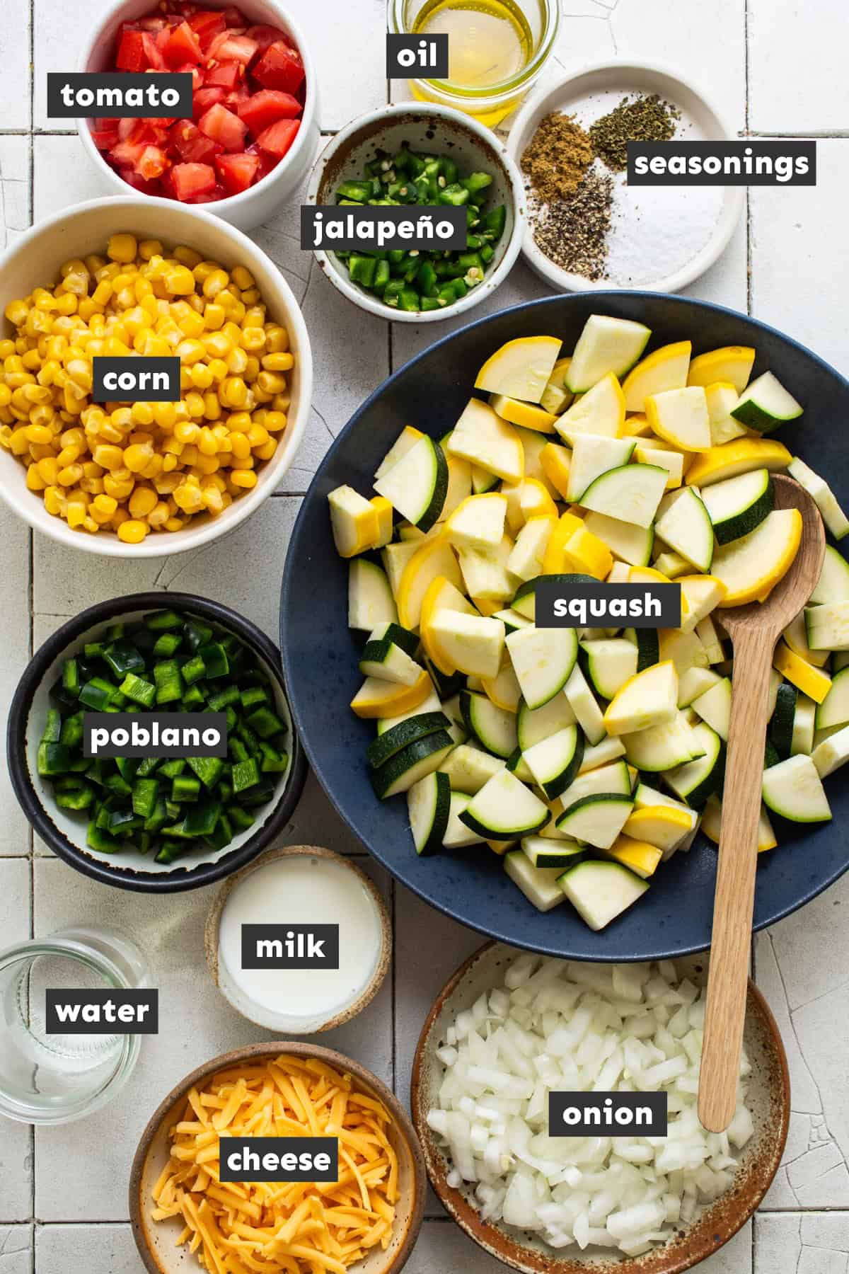 Ingredients for calabacitas on a table ready to use.