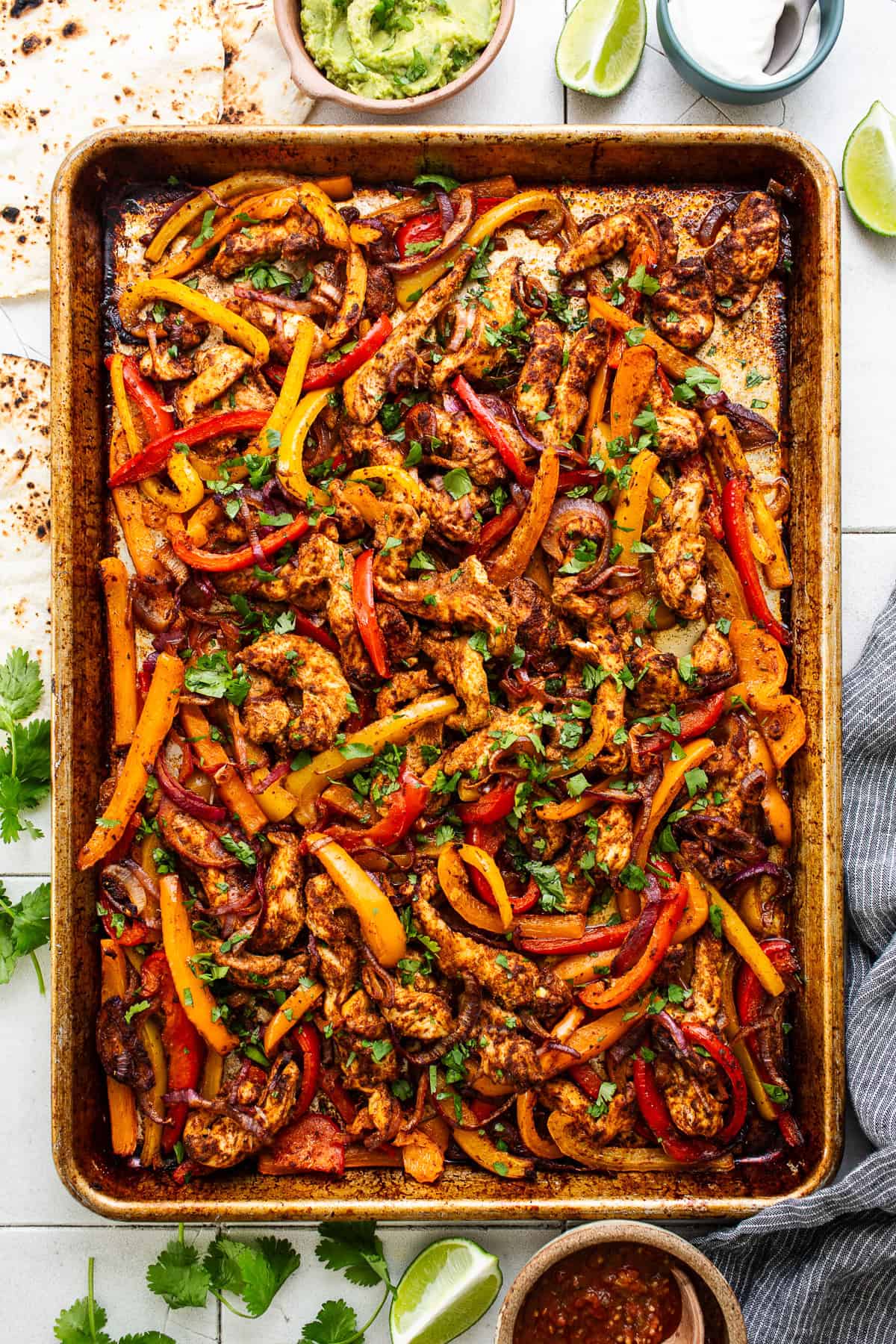 Quick and easy sheet pan chicken fajitas ready to eat.