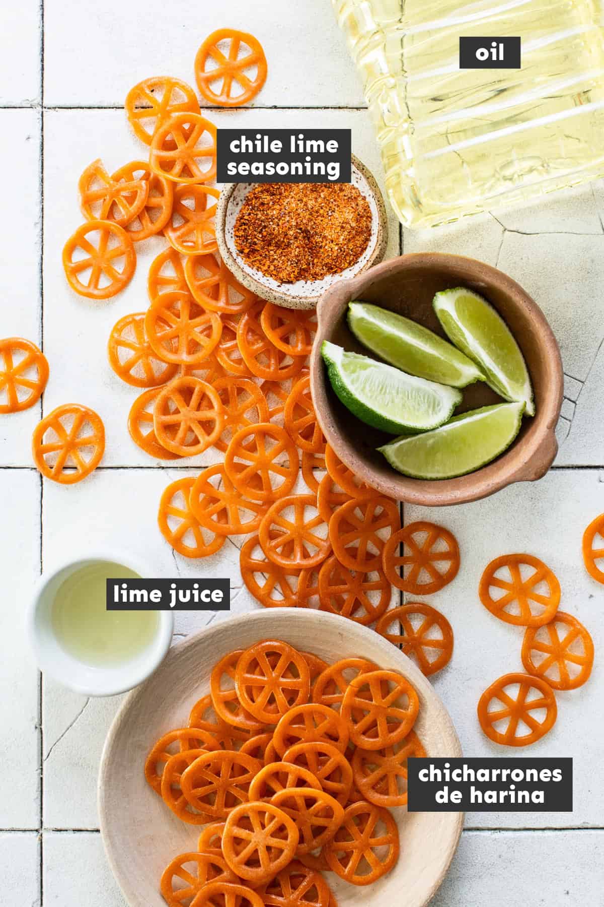 Ingredients in chicharrones de harina on a table.