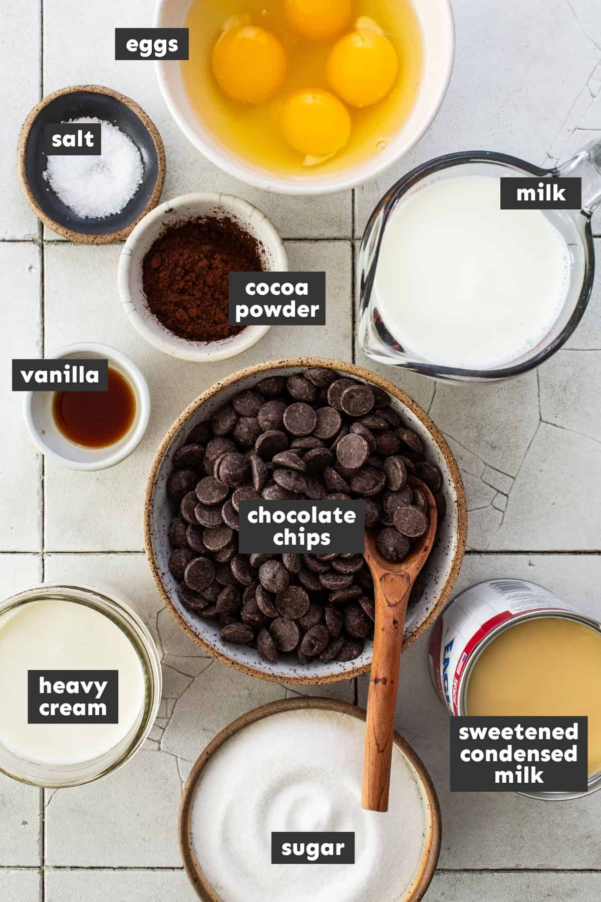 Ingredients for chocolate flan on a table.