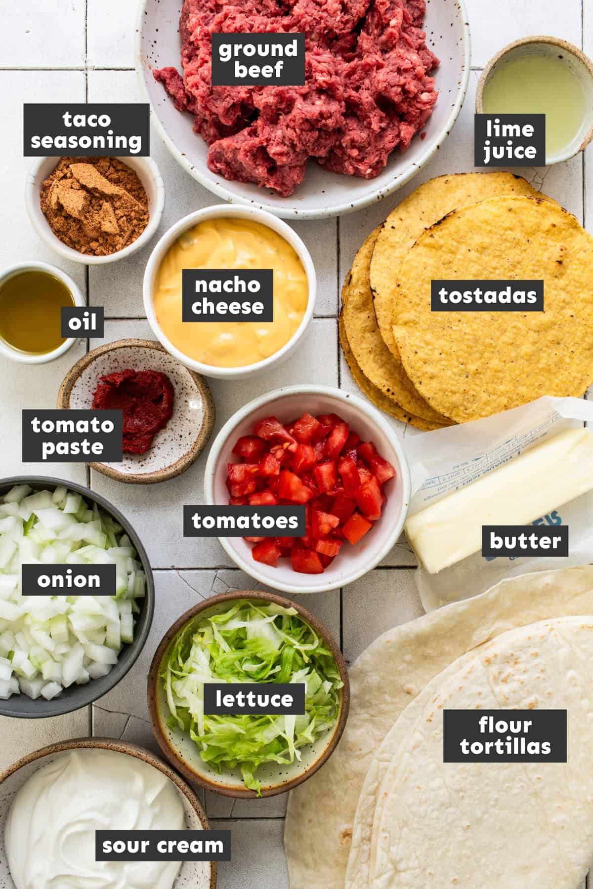 Ingredients for making a crunchwrap supreme recipe on a table.