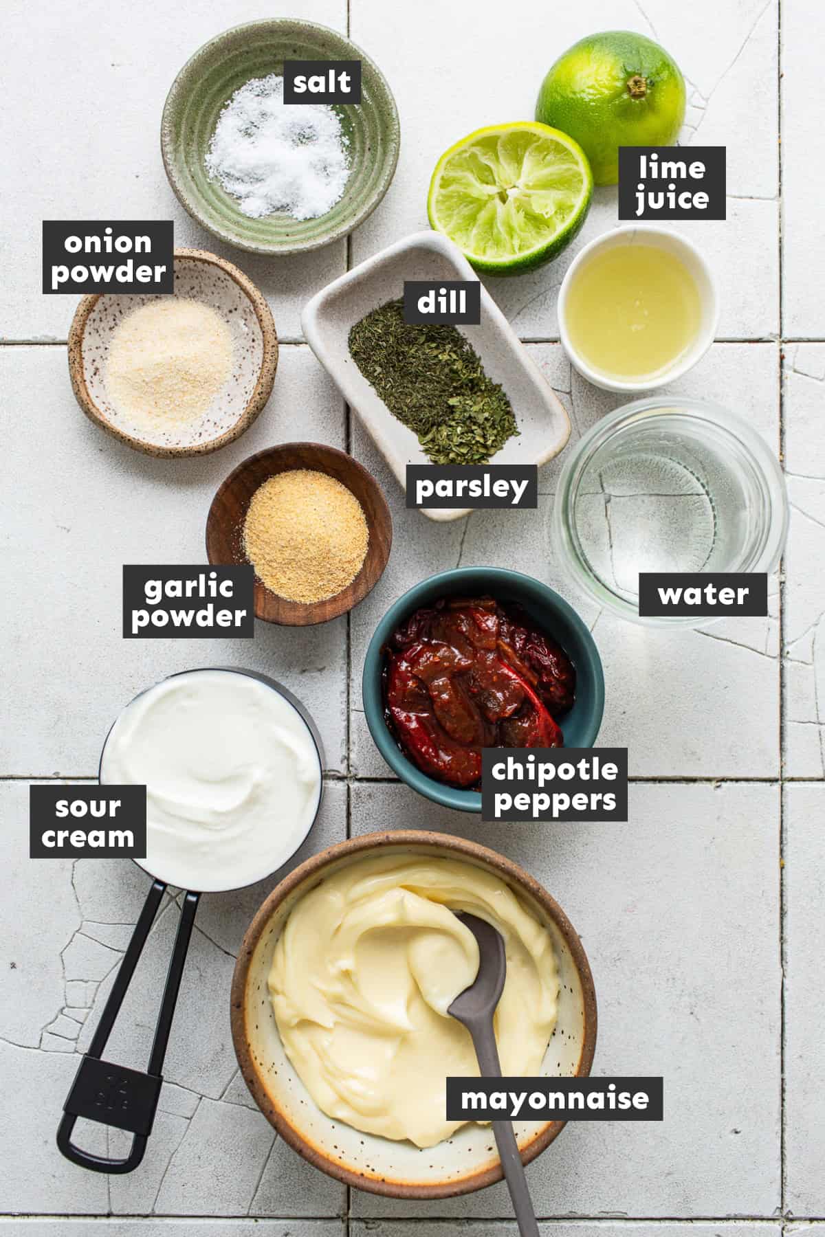Ingredients in chipotle ranch on a table.