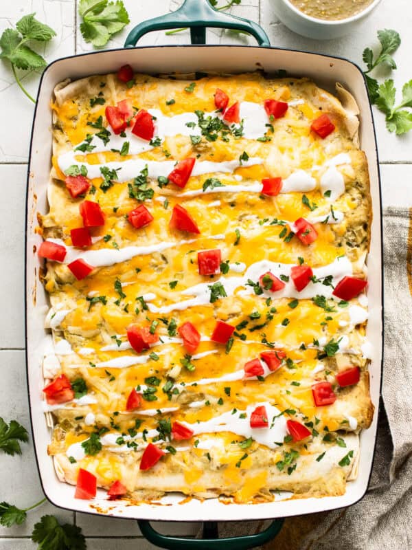 Cream cheese chicken enchiladas in a baking dish.