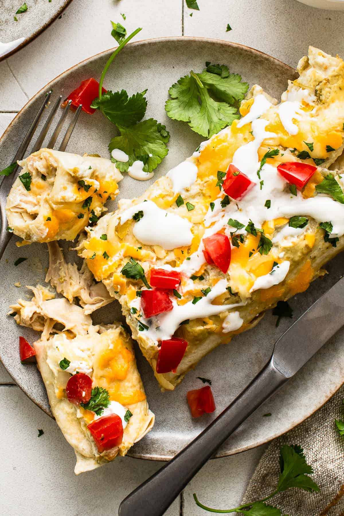 A plate with one cream cheese chicken enchilada.