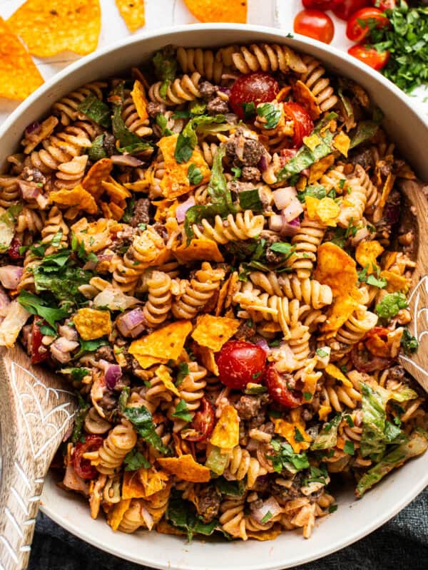 A taco pasta salad in a bowl ready to be served.