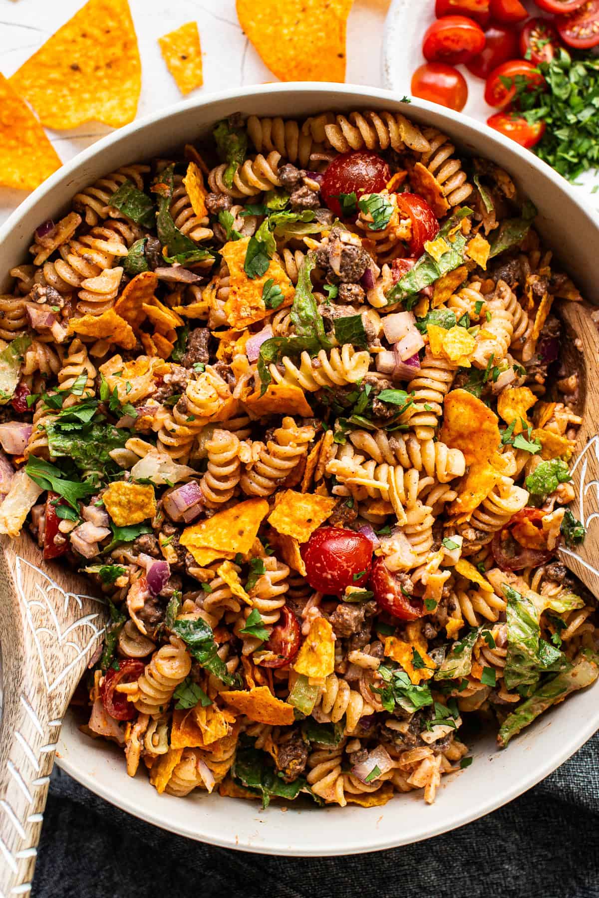 A taco pasta salad in a bowl ready to be served.