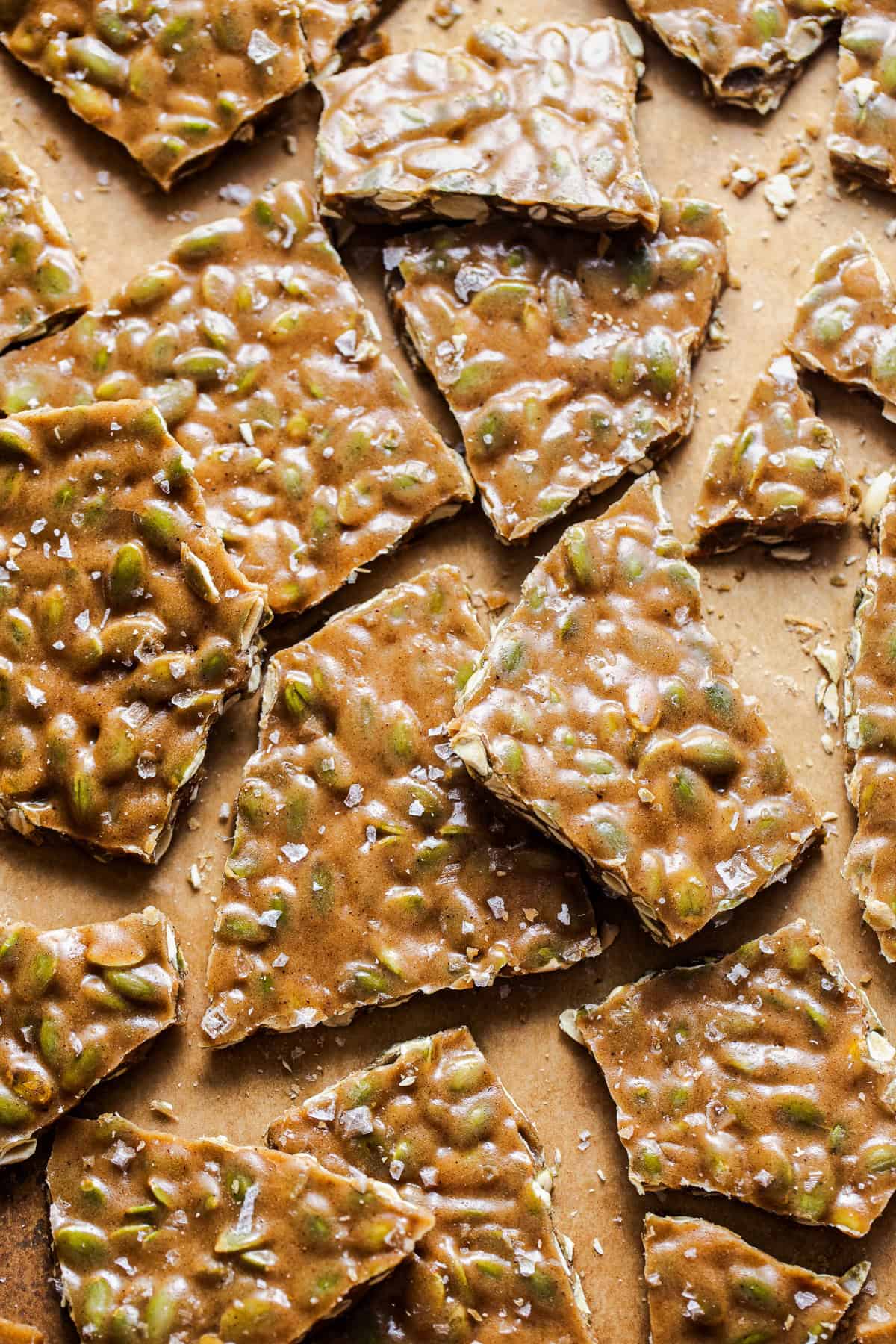 Cracked pumpkin seed brittle topped with flaky sea salt.