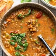 A bowl of slow cooker lentil soup.