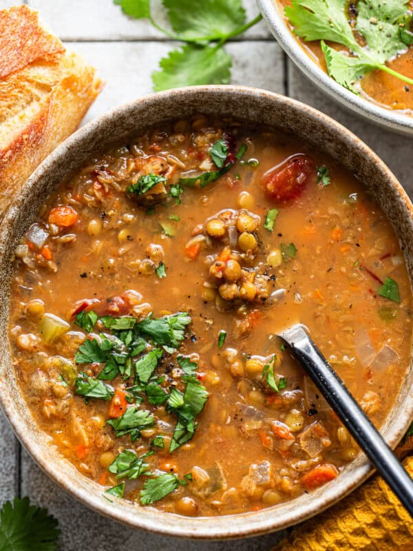 A bowl of slow cooker lentil soup.