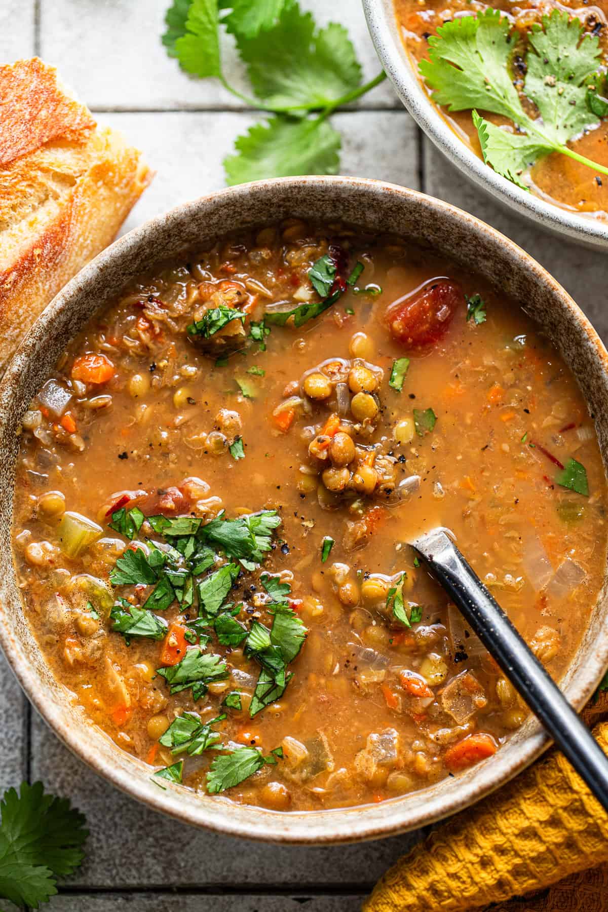A bowl of slow cooker lentil soup.