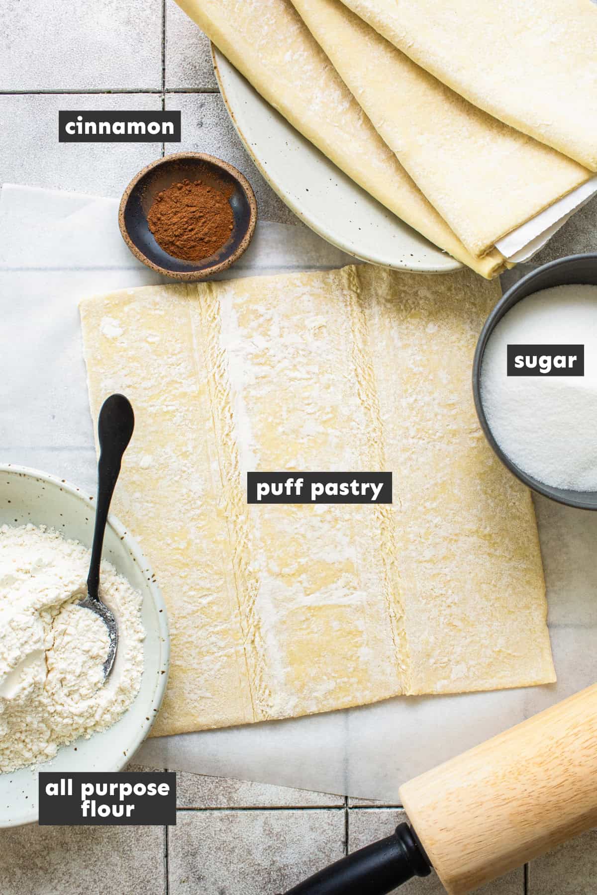 Ingredients in Orejas pan dulce on a table.
