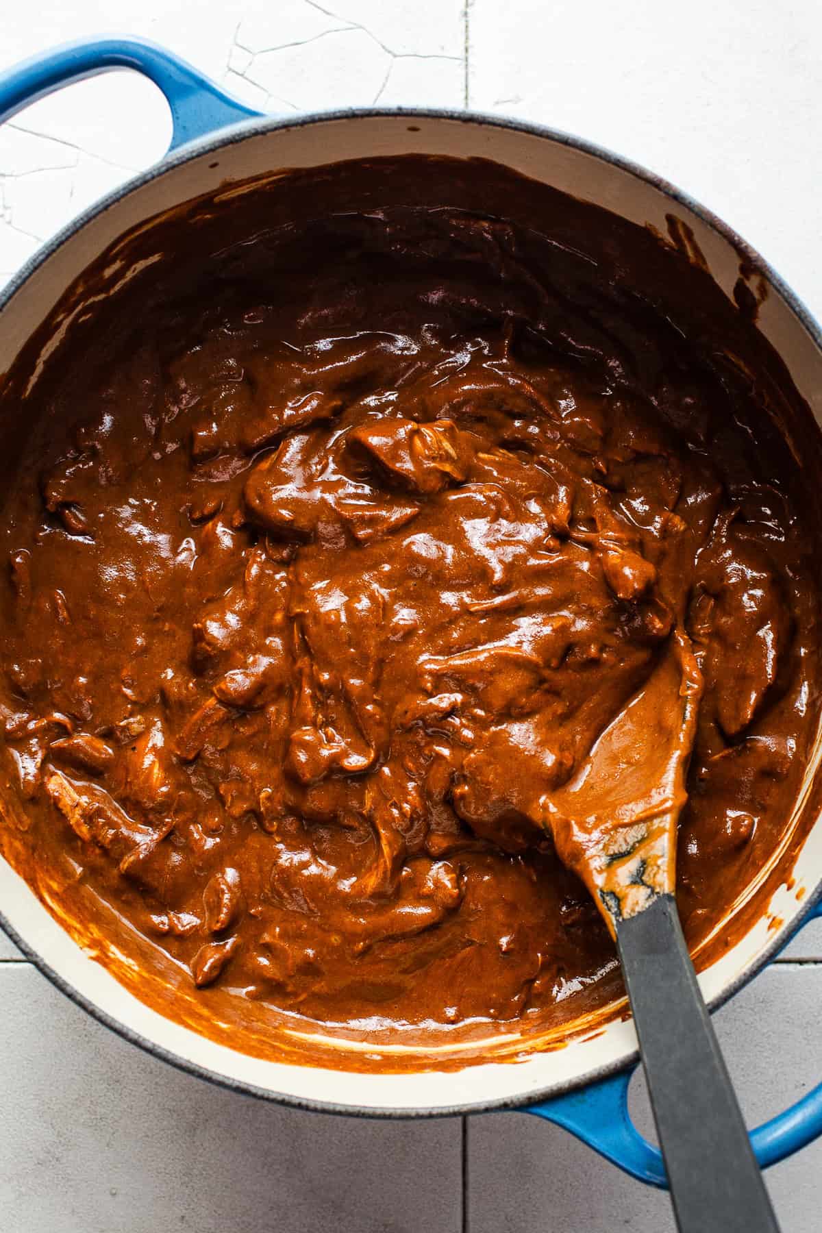 Shredded chicken mole in a pot