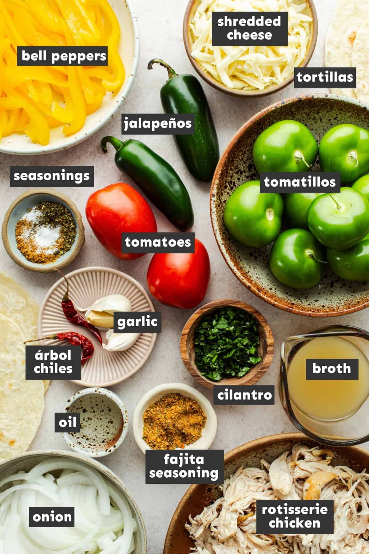 Ingredients for rotisserie chicken tacos on a table.