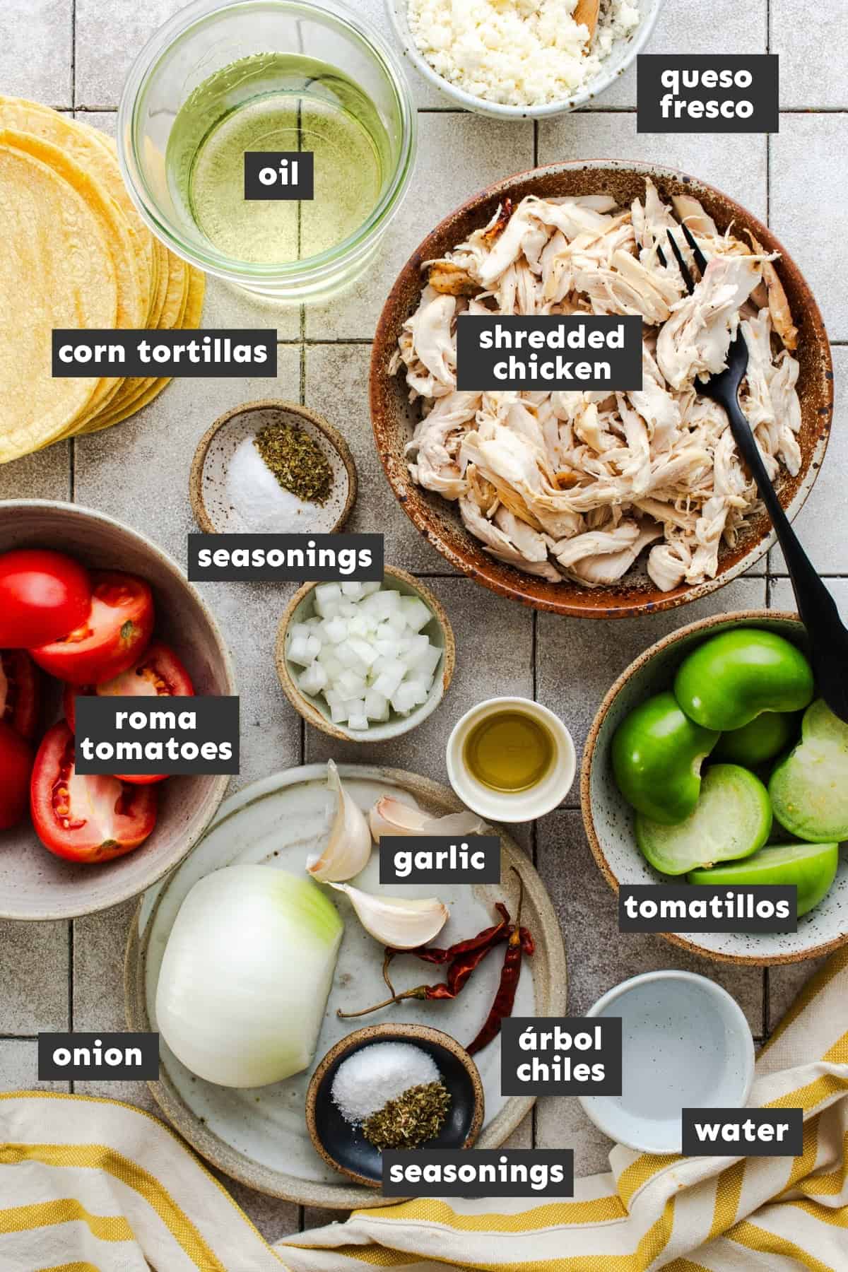Ingredients for flautas ahogadas on a table.