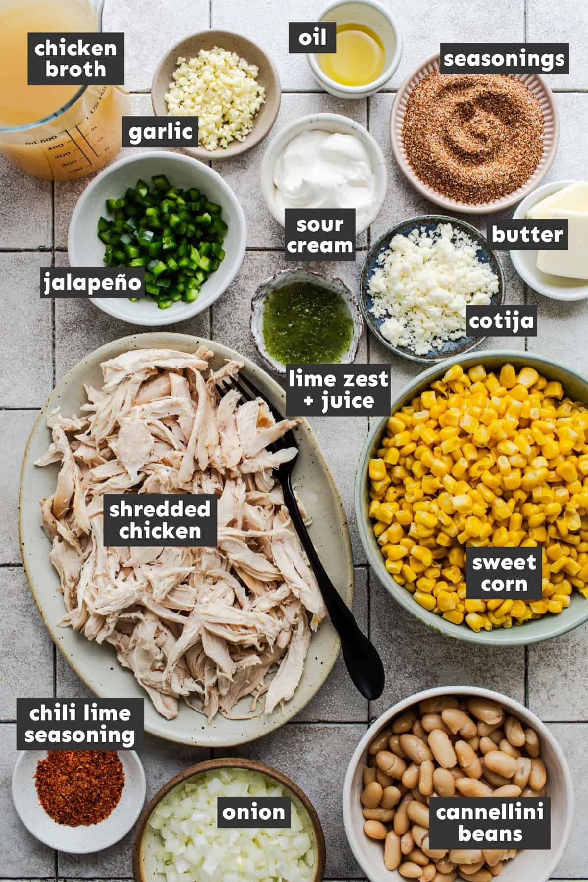 Ingredients for Mexican street corn white chicken chili on a table.