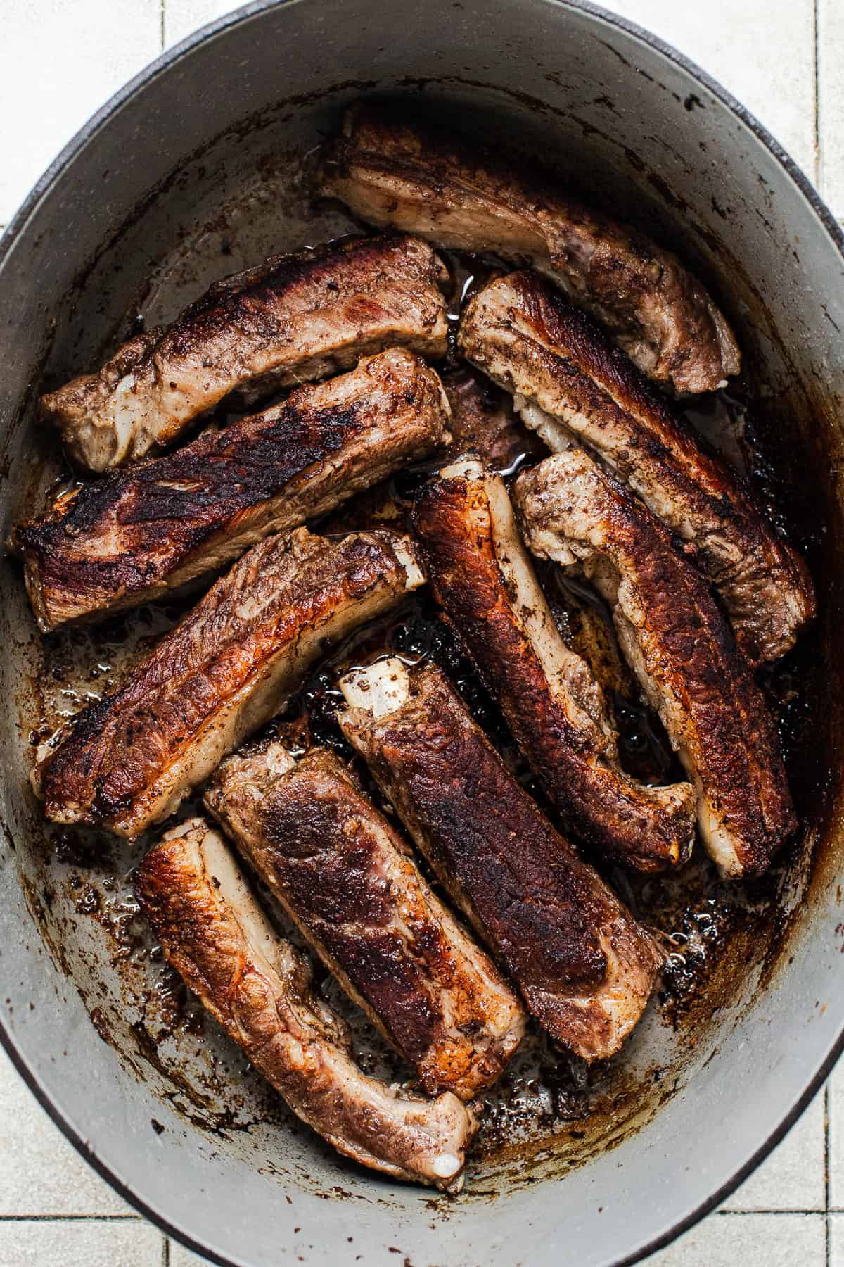 Pork ribs cooked down and seared and caramelized.
