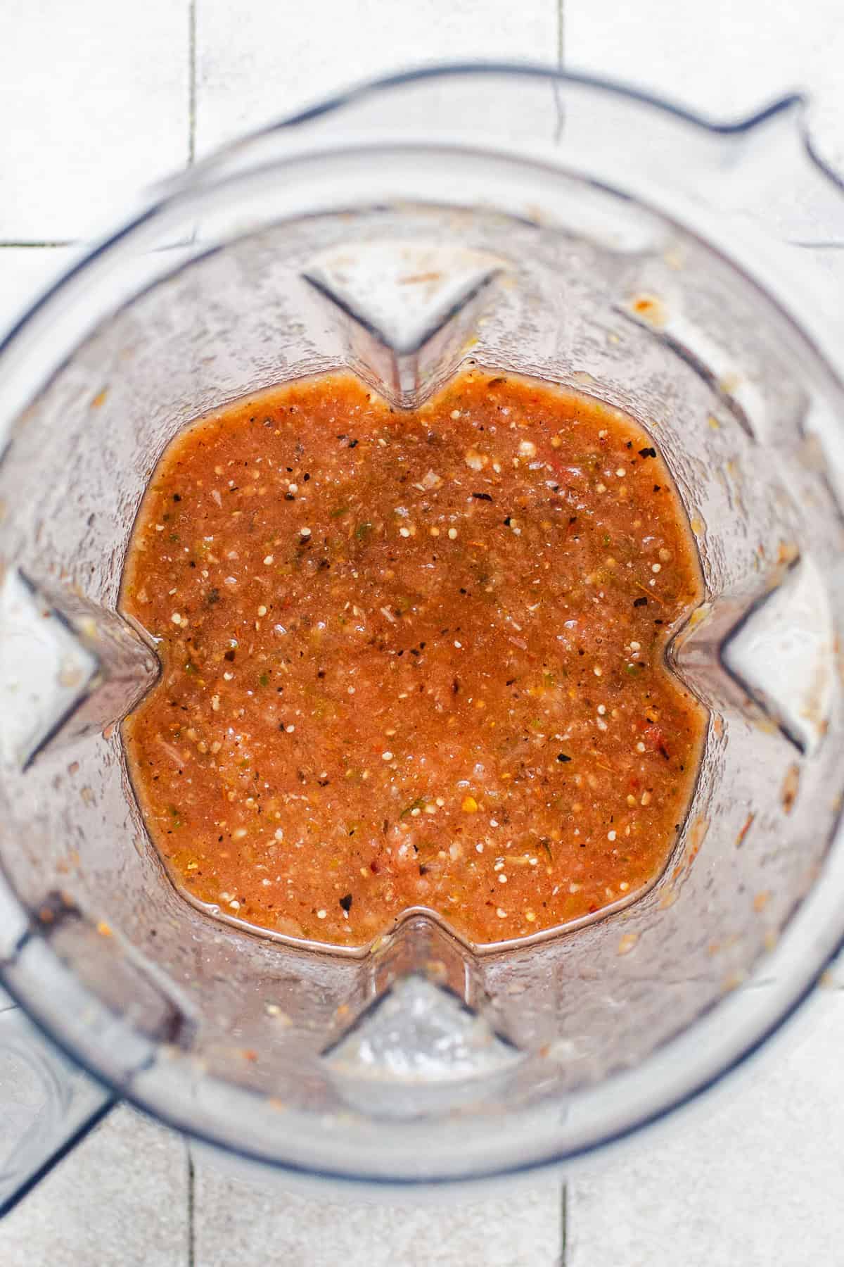 The blended roasted salsa in a blender.