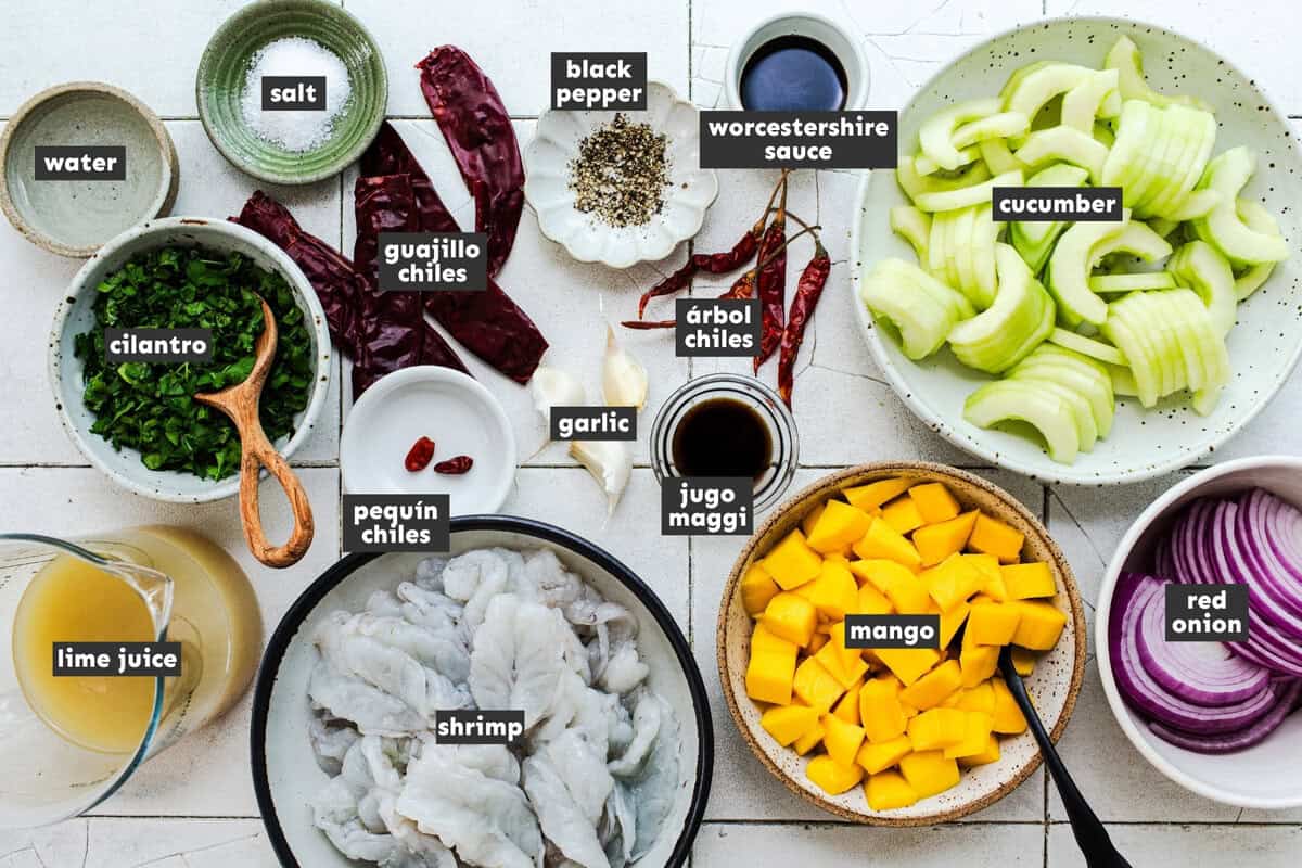 Ingredients for aguachile rojo including shrimp, limes, dried chiles, mango, and cucumber.