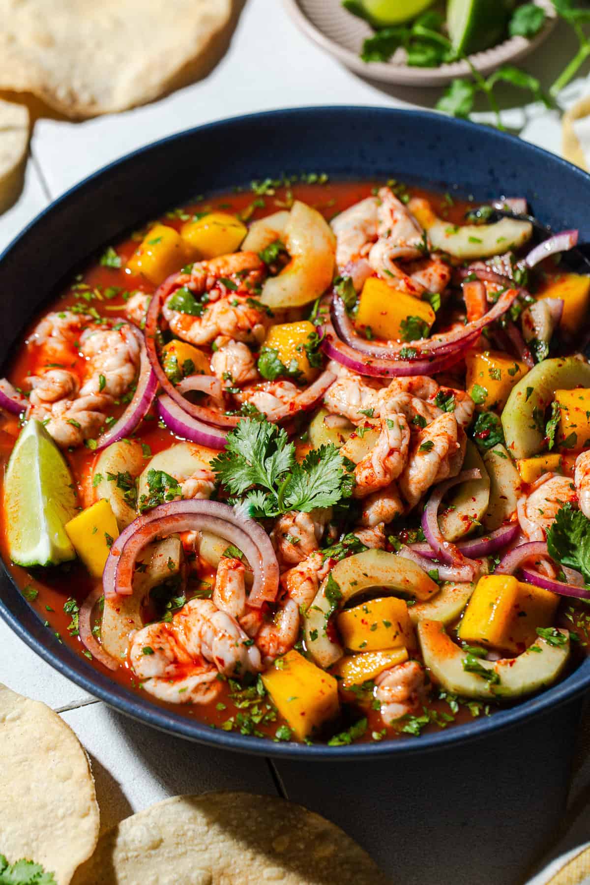 Close up of spicy aguachile rojo topped with cilantro and red onion.
