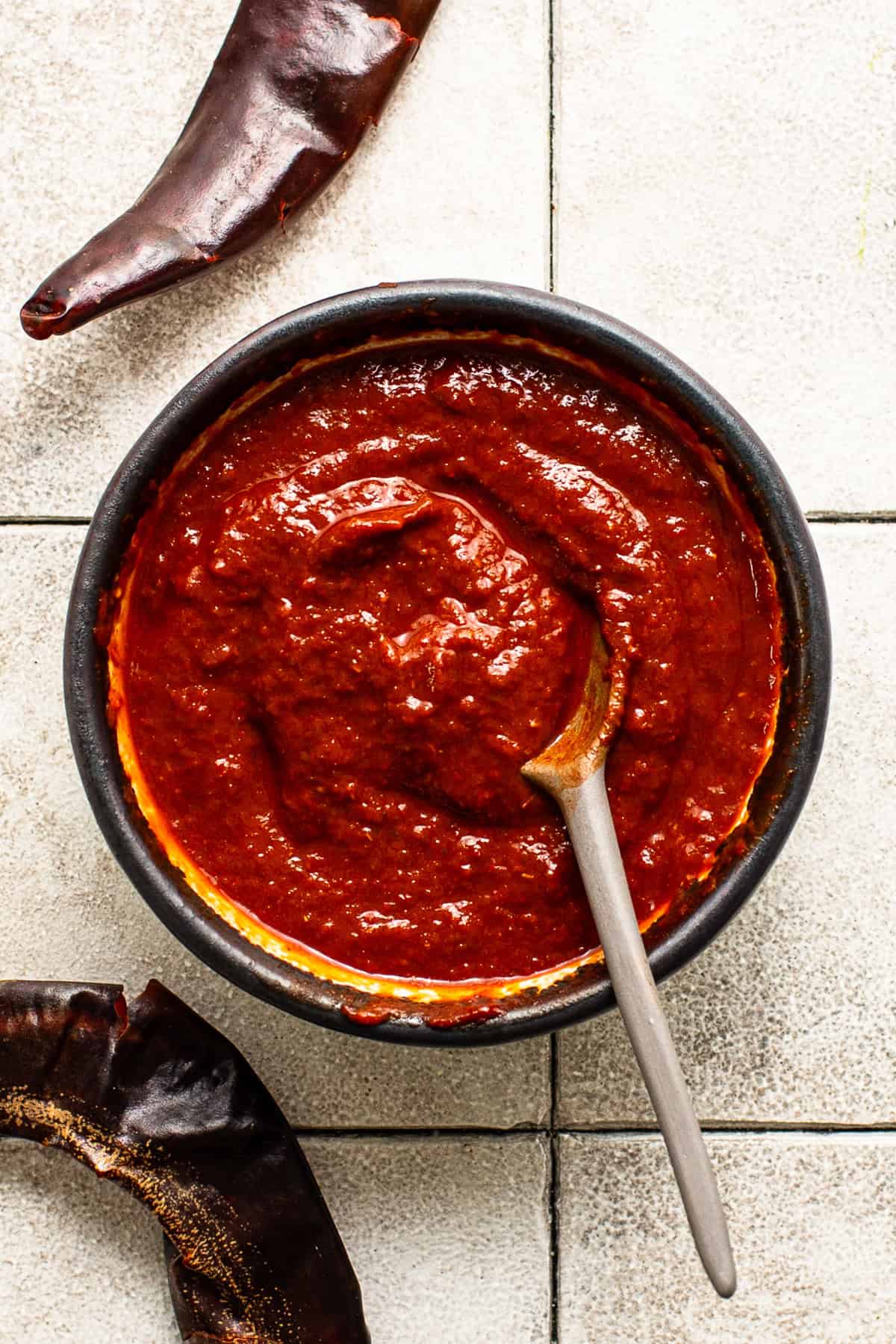 Guajillo salsa in a bowl for nopales tacos.