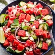 Watermelon salad with cotija, cucumber, and jalapeño, mexican-style!