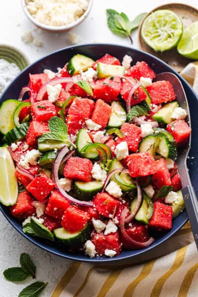 Watermelon salad with cotija, cucumber, and jalapeño, mexican-style!