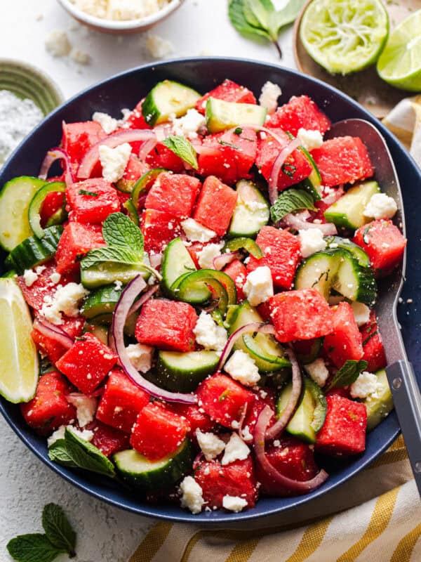 Watermelon salad with cotija, cucumber, and jalapeรฑo, mexican-style!