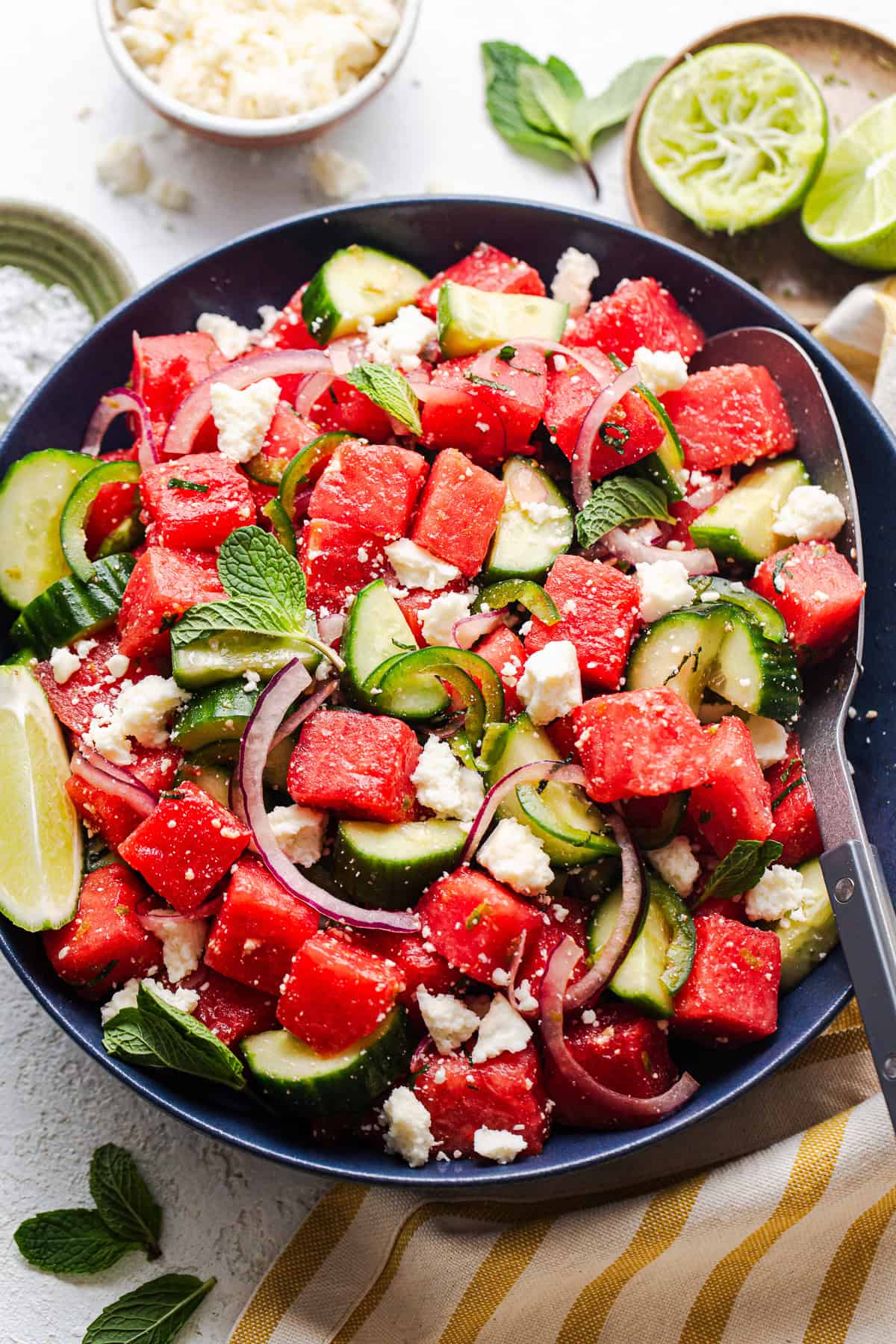 Watermelon salad with cotija, cucumber, and jalapeño, mexican-style!