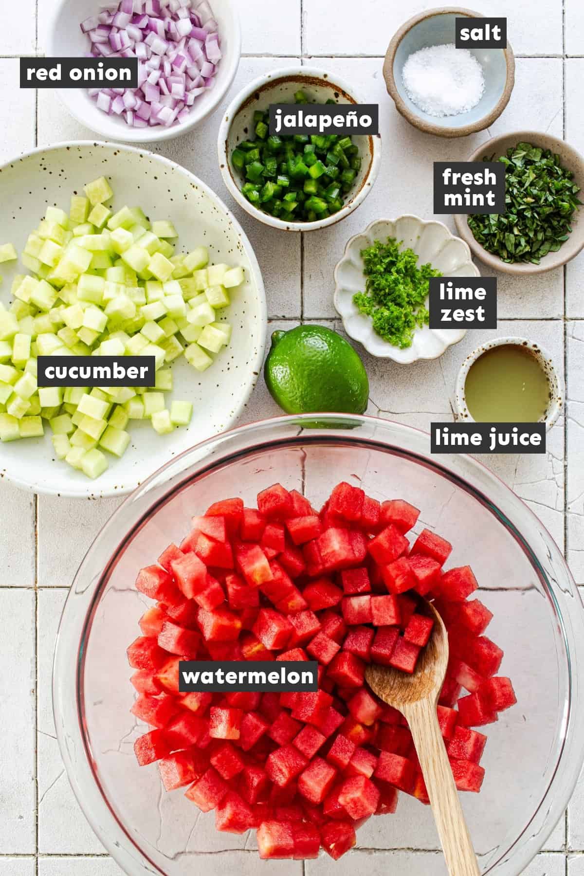 Ingredients for watermelon salsa including diced watermelon, cucumber, red onion, jalapeño, lime, and mint.