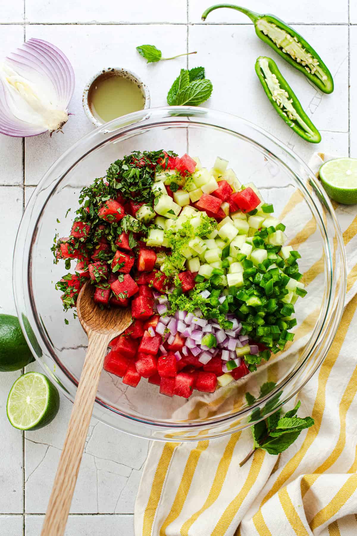 Watermelon salsa ingredients in a bowl before mixing