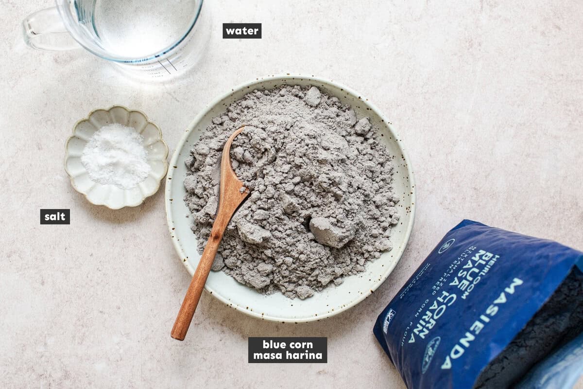 Ingredients for blue corn tortillas on a table.
