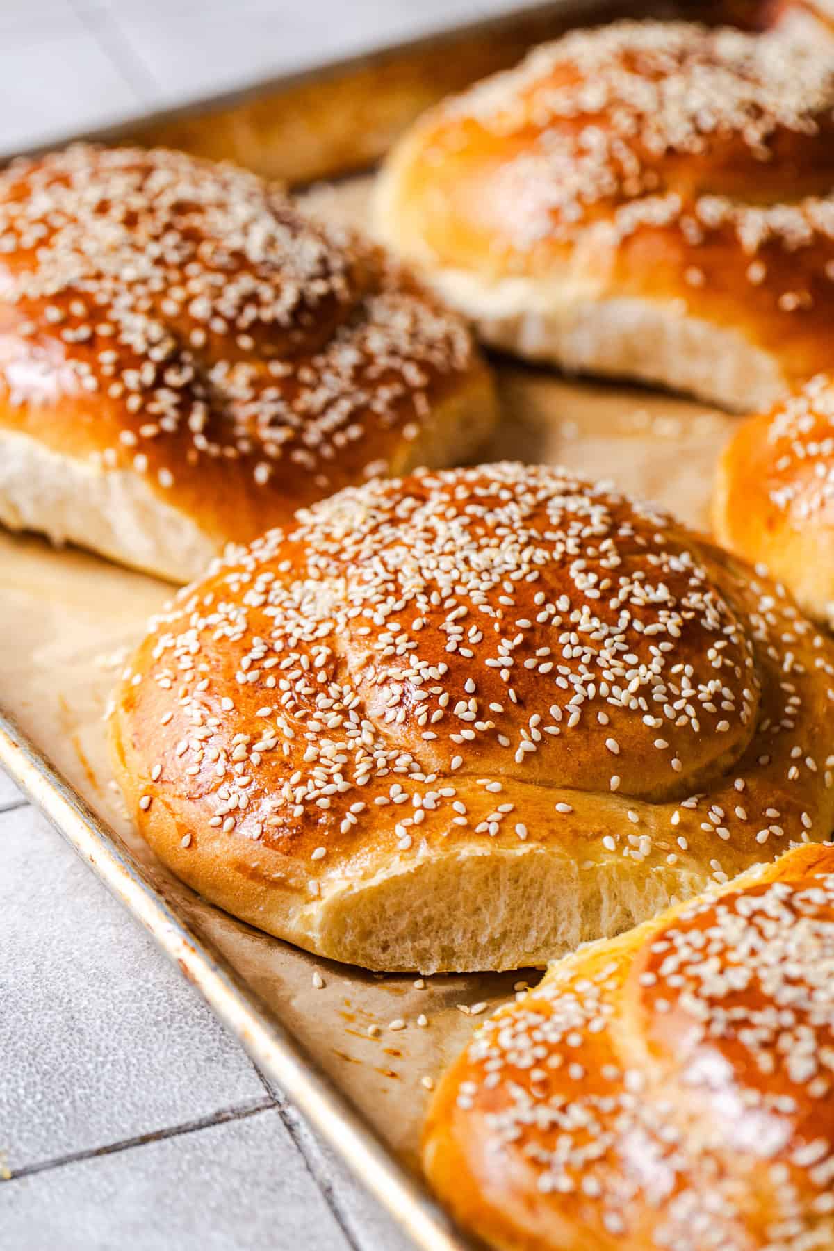 Close-up of homemade cemita bread covered in sesame seeds