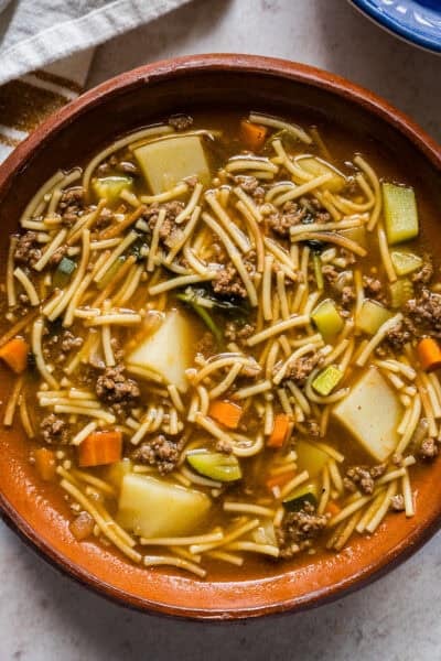 Sopa de fideo con carne molida in a bowl ready to serve.