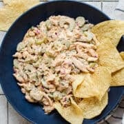 Chipotle chicken salad in a bowl with tortilla chips.