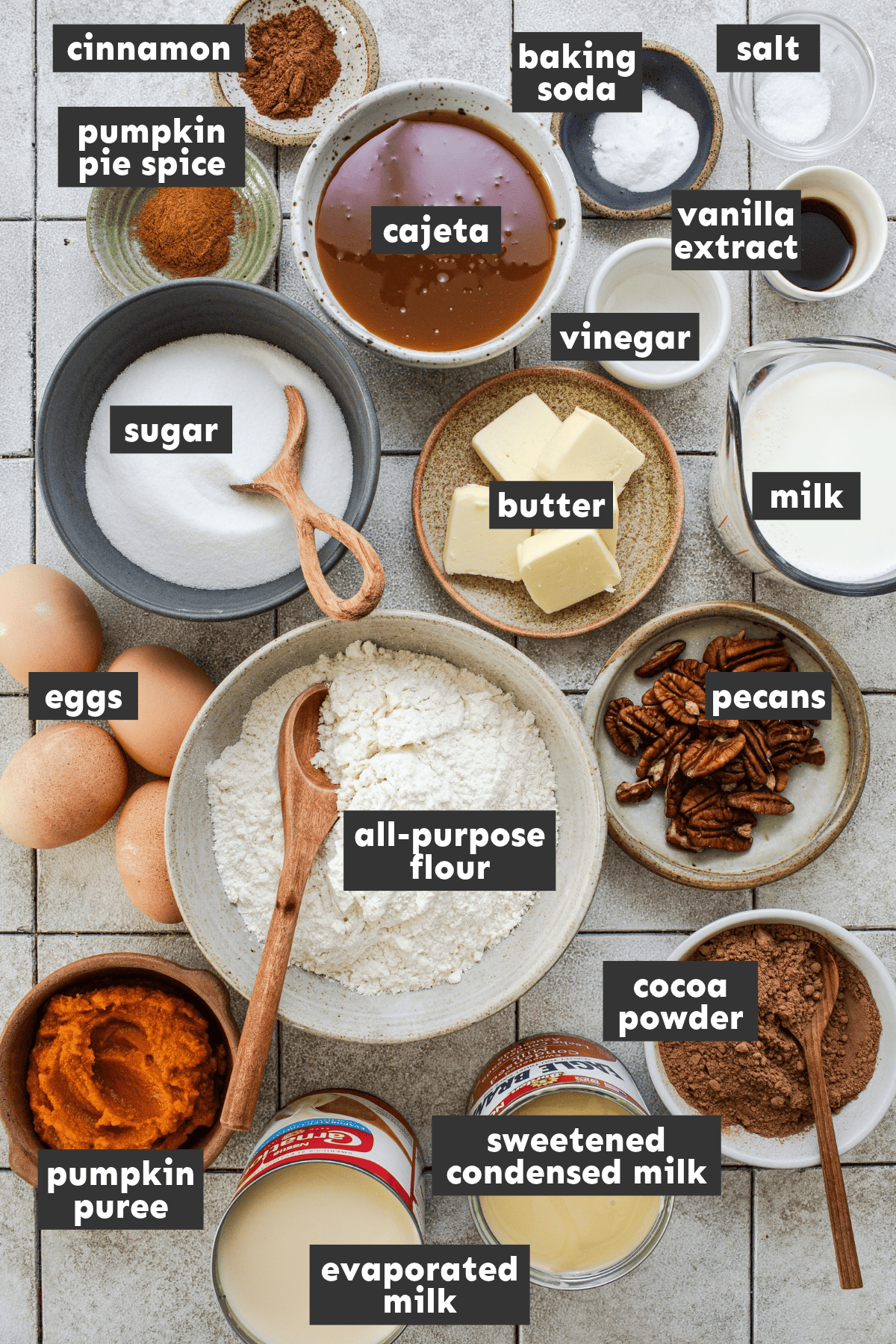 Ingredients for pumpkin chocoflan, including pumpkin puree, cajeta, sweetened condensed milk, and cocoa powder.