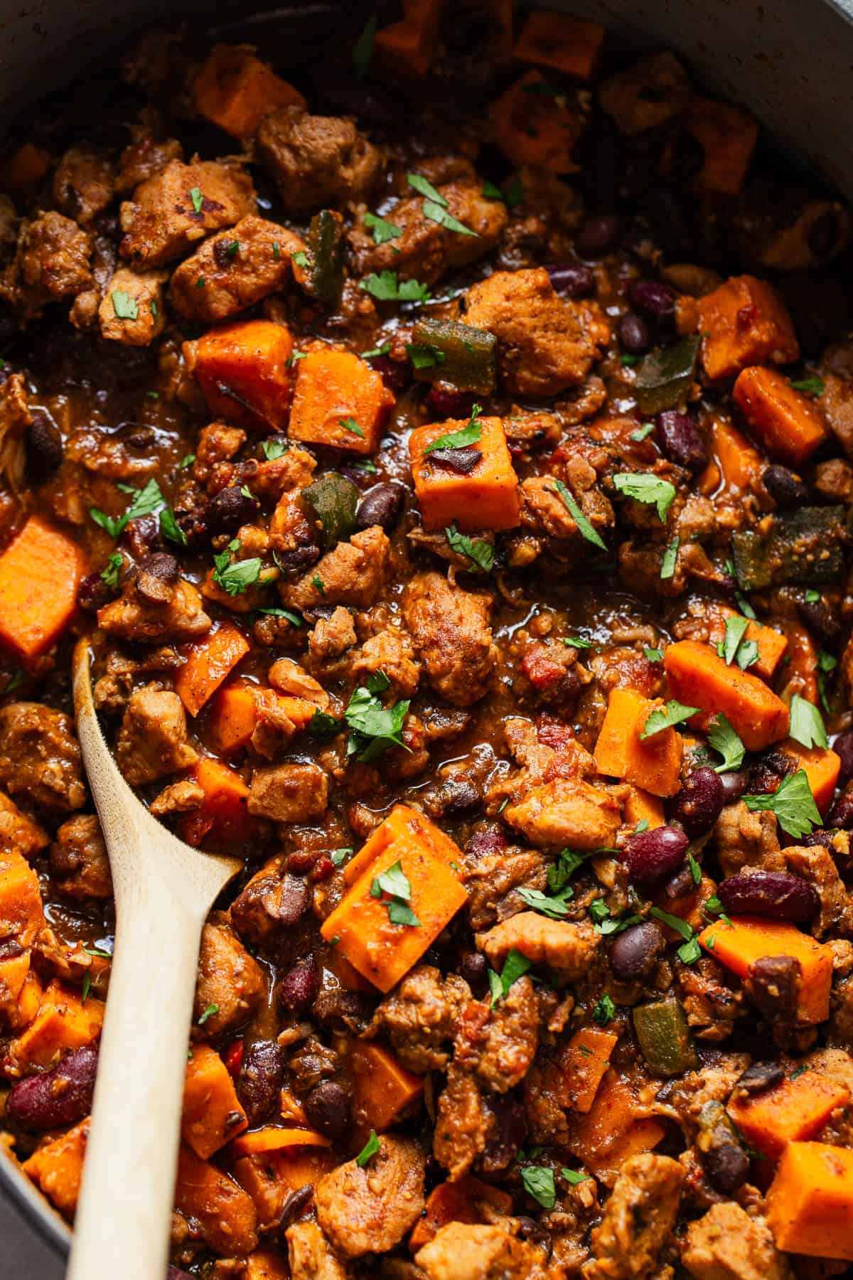 Finished sweet potato chili with black beans and garnished with cilantro.