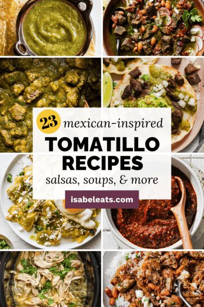 23 easy tomatillo recipes, from homemade salsa verde and guacamole salsa to pozole verde, pork chile verde, chilaquiles verdes, enchiladas, and tamales. Plus tips on what to do with tomatillos and how to cook them.