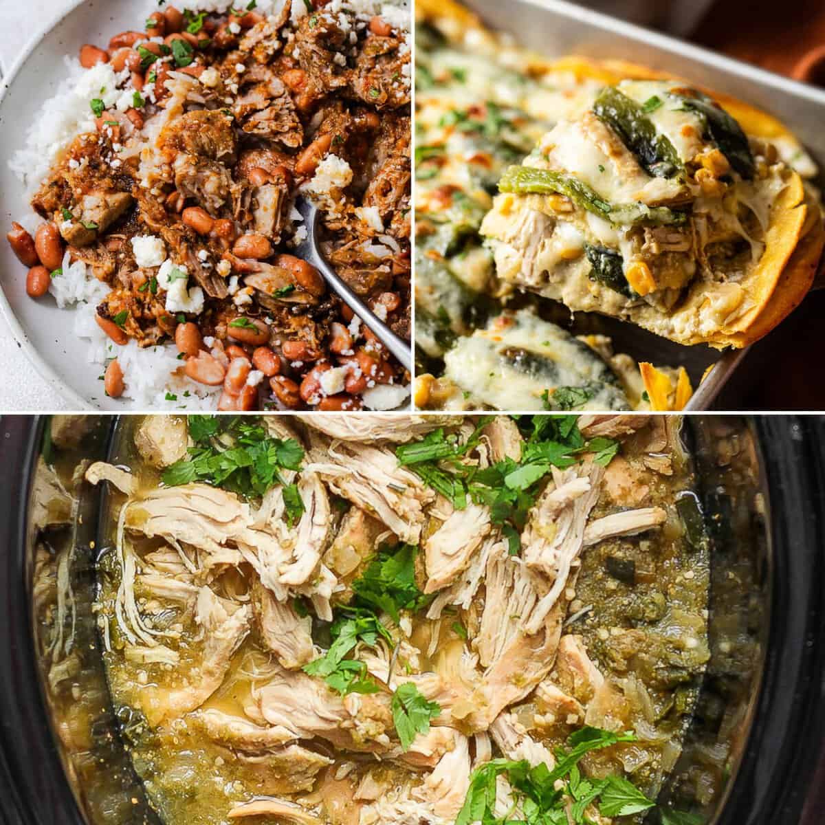 A collage of some of the tomatillo recipes on Isabel Eats that are dinners.