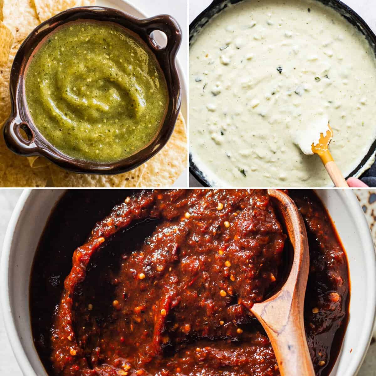 A collage of some of the tomatillo recipes on Isabel Eats that are salsas and dips.
